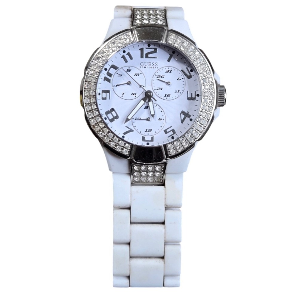 GUESS Women's Watch 40mm White‎ Dial White Resin Crystal Accent Needs Service